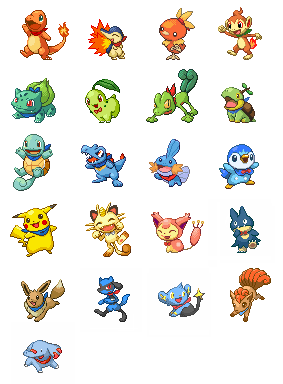 :d, ^_^, bandanna, bird, black_eyes, blush_stickers, bow, bowtie, brown_eyes, bulbasaur, cat, charmander, chikorita, chimchar, closed_eyes, commentary_request, creature, cyndaquil, eevee, elephant, fangs, fiery_tail, fire, full_body, fushigi_no_dungeon, gen_1_pokemon, gen_2_pokemon, gen_3_pokemon, gen_4_pokemon, jumping, leaf, looking_at_viewer, looking_away, looking_to_the_side, lowres, meowth, miu_(pixiv358902), mudkip, munchlax, no_humans, open_mouth, phanpy, pikachu, piplup, pixel_art, pokemon, pokemon_(creature), pokemon_fushigi_no_dungeon, red_eyes, riolu, shinx, simple_background, sitting, skitty, smile, squirtle, standing, torchic, totodile, treecko, turtwig, vulpix, walking, white_background, yellow_eyes