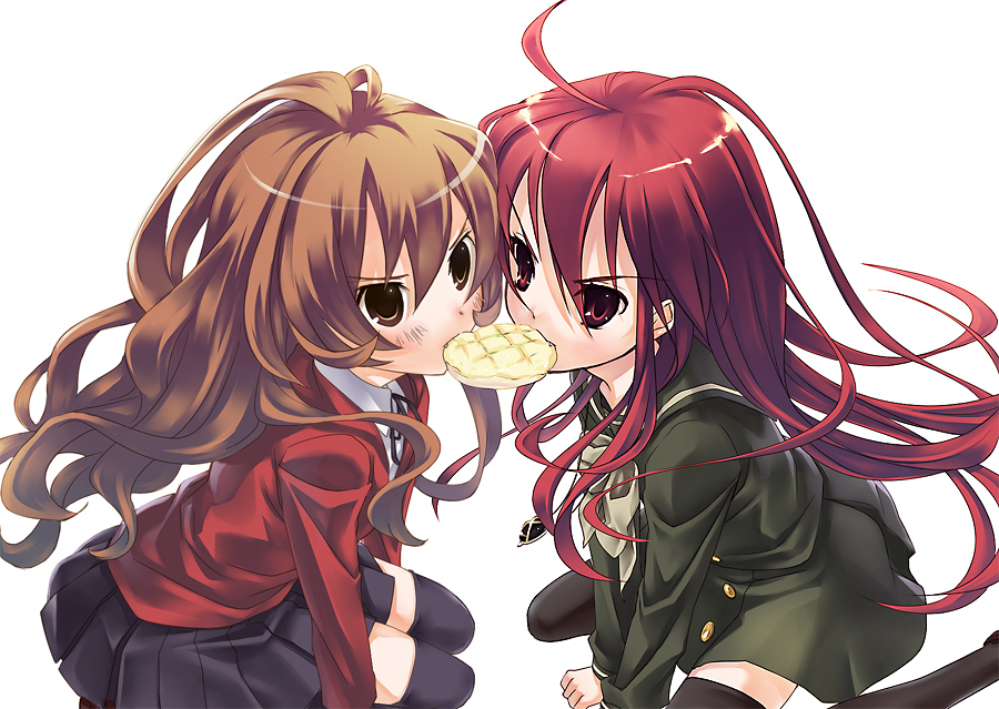 ahoge, aisaka_taiga, angry, blazer, bread, bread_in_mouth, brown_eyes, brown_hair, crossover, food, kugimiya_rie, long_hair, melon_bread, meronpan, multiple_girls, red_eyes, red_hair, redhead, school_uniform, seiyuu_connection, seiyuu_joke, serafuku, shakugan_no_shana, shana, thigh-highs, thighhighs, tomiwo, toradora!, very_long_hair