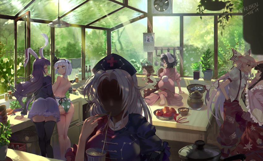 6+girls, all_fours, animal_ears, apple, apron, artist_name, ass, ass_grab