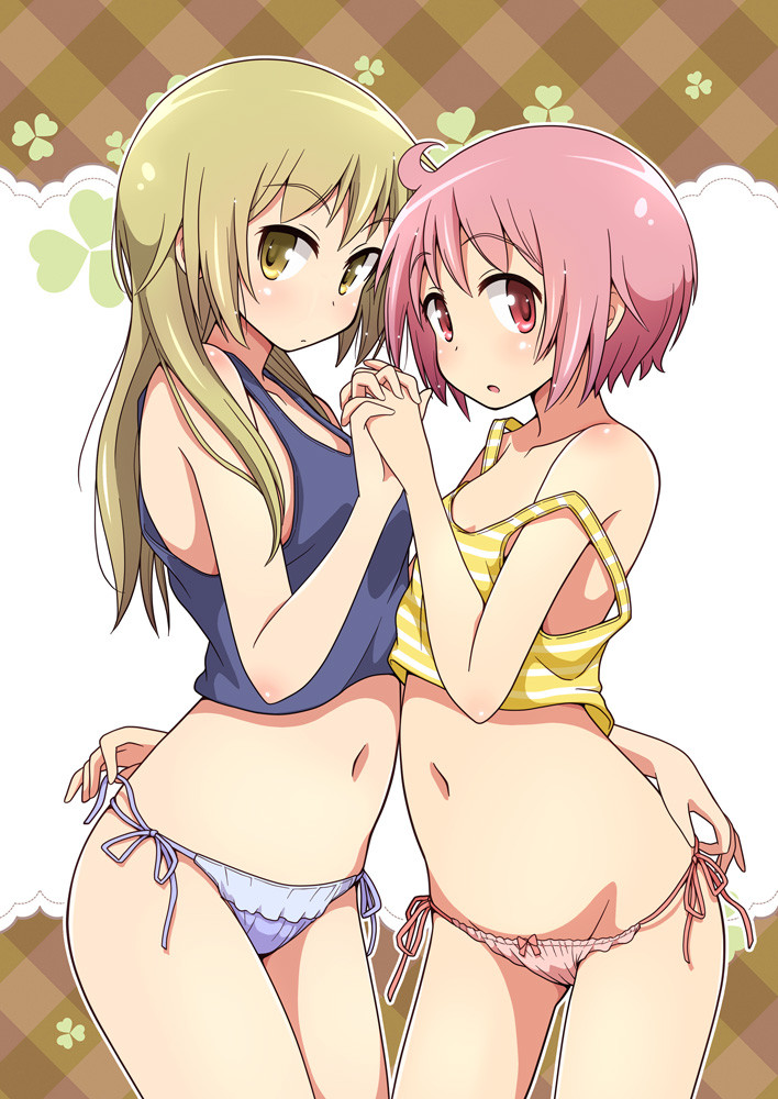 2girls, blonde_hair, commentary, holding_hand, ichii_yui, long_hair, mel_(melty_pot), multiple_girls