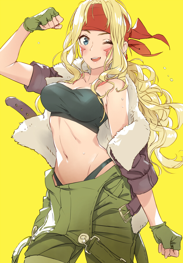 1girl, ;d, alex_(street_fighter), bandanna, bare_shoulders, belt, belt_buckle, bikini