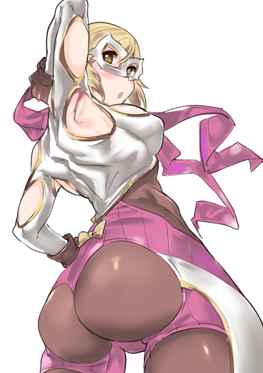 1girl, :o, arm_up, armpit_cutout, ass, ass_cutout, black_legwear, blonde_hair