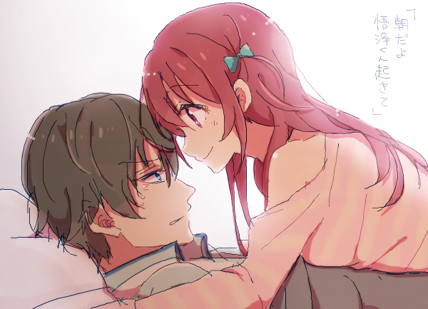 1boy, 1girl, aqua_bow, black_hair, blue_eyes, bow, girlish_number, hair_bow