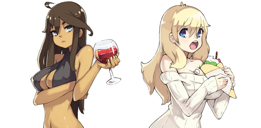 2girls, ahoge, alcohol, bare_arms, bare_shoulders, blonde_hair, blue_eyes, breasts, brown_hair, cleavage, commentary, crepe, dark_skin, dress, english_commentary, fingernails, food, food_between_breasts, glass, hair_between_eyes, highres, holding, holding_food, large_breasts, long_sleeves, looking_at_viewer, multiple_girls, nail_polish, pocket_waifu, revealing_clothes, simple_background, sleeves_past_wrists, sweater, sweater_dress, upper_body, vins-mousseux, white_background, white_nails, white_sweater, wine