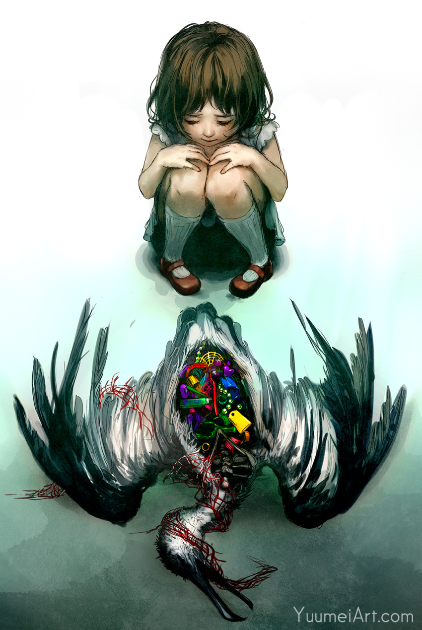 1girl, bird, brown_footwear, brown_hair, child, closed_eyes, closed_mouth, commentary, cormorant, death, english_commentary, highres, knees_together_feet_apart, mary_janes, original, pigeon-toed, sad, shoes, socks, solo, trash, watermark, web_address, wenqing_yan, white_legwear