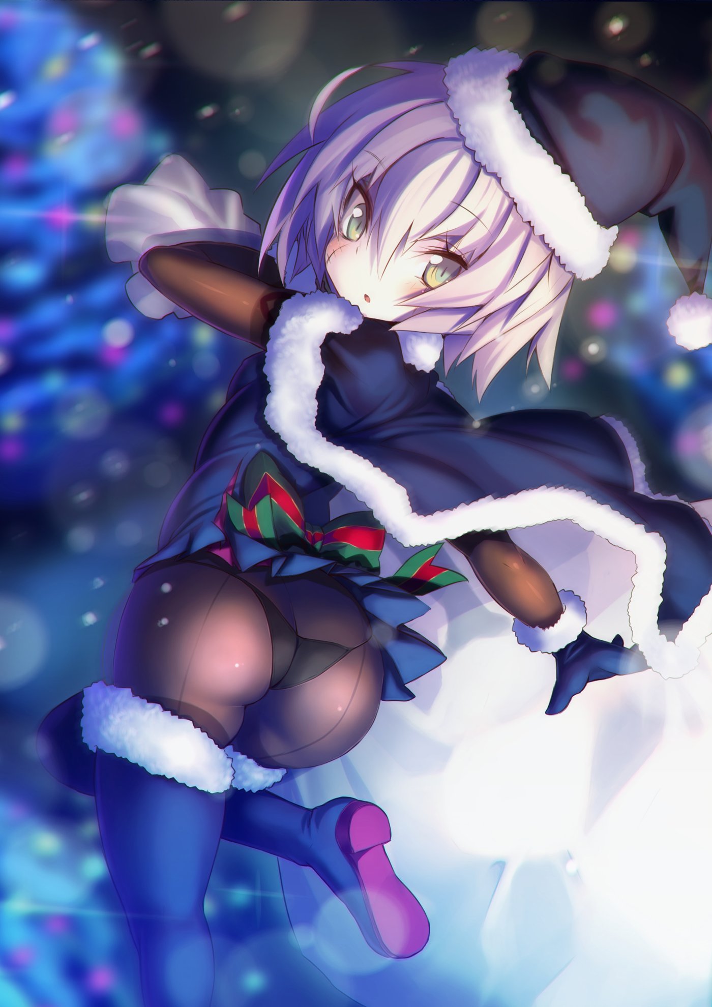 armadillon, artoria_pendragon_(all), ass, black_panties, blue_dress, blue_gloves, blue_legwear, blurry, bodystocking, bokeh, boots, cape, christmas_tree, cosplay, depth_of_field, dress, eyebrows_visible_through_hair, fate/grand_order, fate_(series), from_behind, fur_trim, gloves, green_eyes, hair_between_eyes, highres, jack_the_ripper_(fate/apocrypha), leg_up, looking_at_viewer, pale_skin, panties, pantyhose, parted_lips, pleated_dress, sack, santa_alter, santa_alter_(cosplay), short_dress, short_hair, stitches, thigh-highs, thigh_boots, thighband_pantyhose, underwear, white_hair