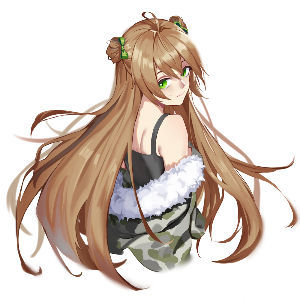 1girl, ahoge, bangs, bare_shoulders, blush, bow, breasts, brown_hair