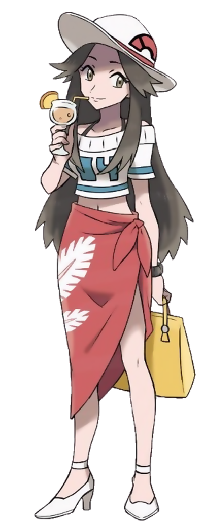 1girl, 64smashmaster3ds, alternate_costume, blue_(pokemon), breasts, brown_eyes, brown_hair, chocogrotto, closed_mouth, collarbone, cup, drinking_glass, english_commentary, eyelashes, food, fruit, full_body, hat, high_heels, holding, holding_bag, holding_drinking_glass, leaf_print, long_hair, midriff, navel, older, orange, orange_slice, pokemon, pokemon_(game), pokemon_frlg, pokemon_sm, red_skirt, skirt, small_breasts, smile, solo, standing, tied_skirt, transparent_background, very_long_hair, white_footwear, white_hat, wristband