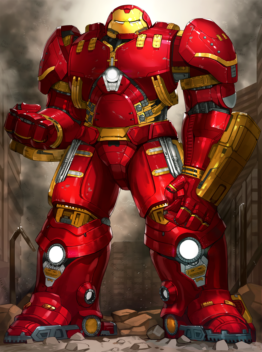 armor, clenched_hands, debris, full_armor, full_body, gauntlets, hulkbuster, iron_man