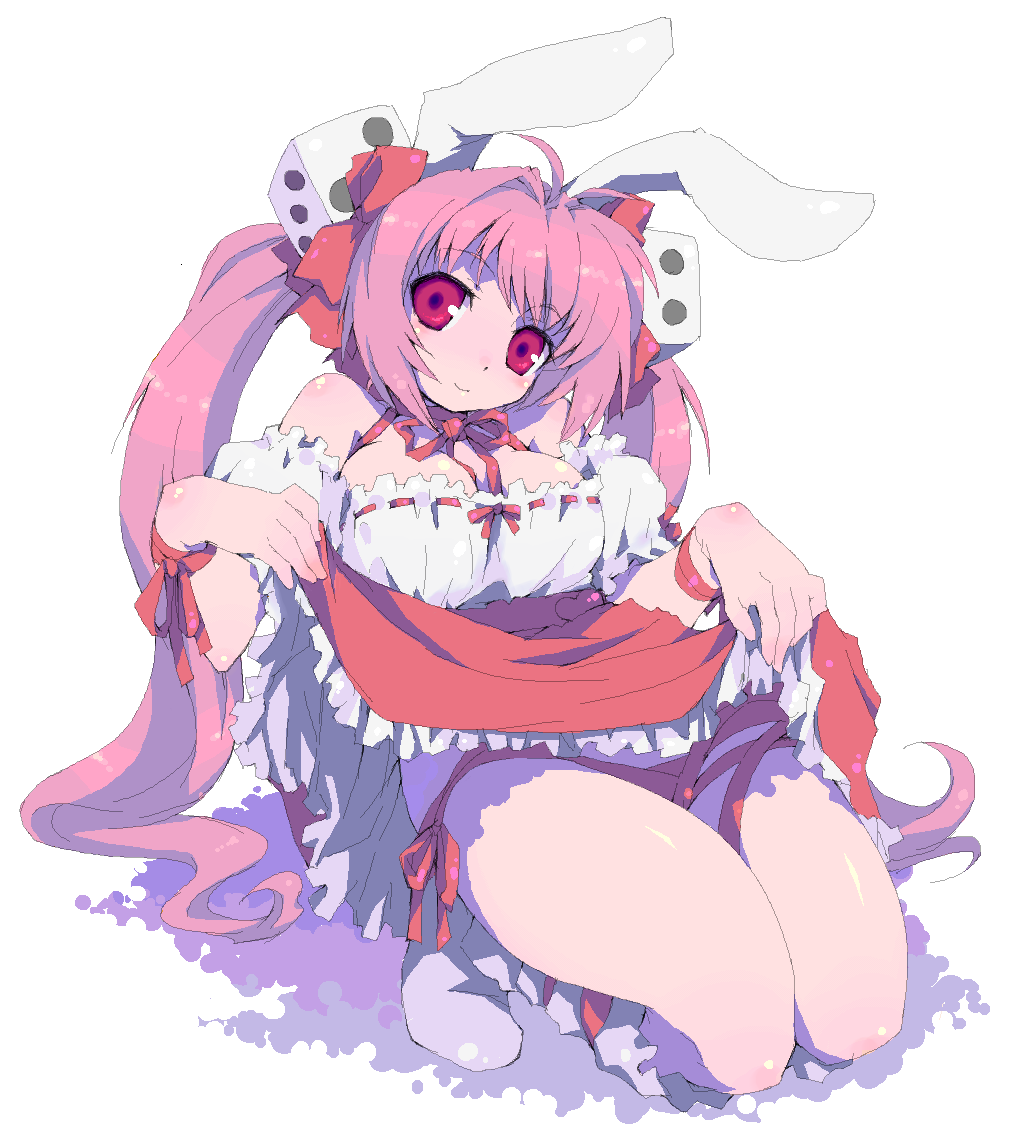 atsumuchi, bad_id, blush, breasts, bunny_ears, cleavage, di_gi_charat, dice, dress, hisakawa_chin, kneeling, long_hair, oekaki, pink_hair, rabbit_ears, rabi_en_rose, ribbon, ribbons, skirt, skirt_lift, twintails, usada_hikaru