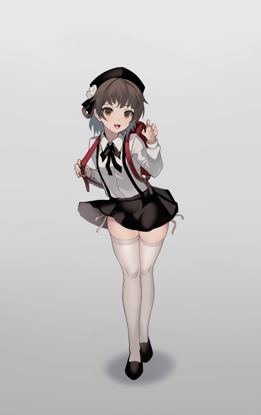 1girl, absurdres, backpack, bag, bangs, beret, black_beret, black_hat