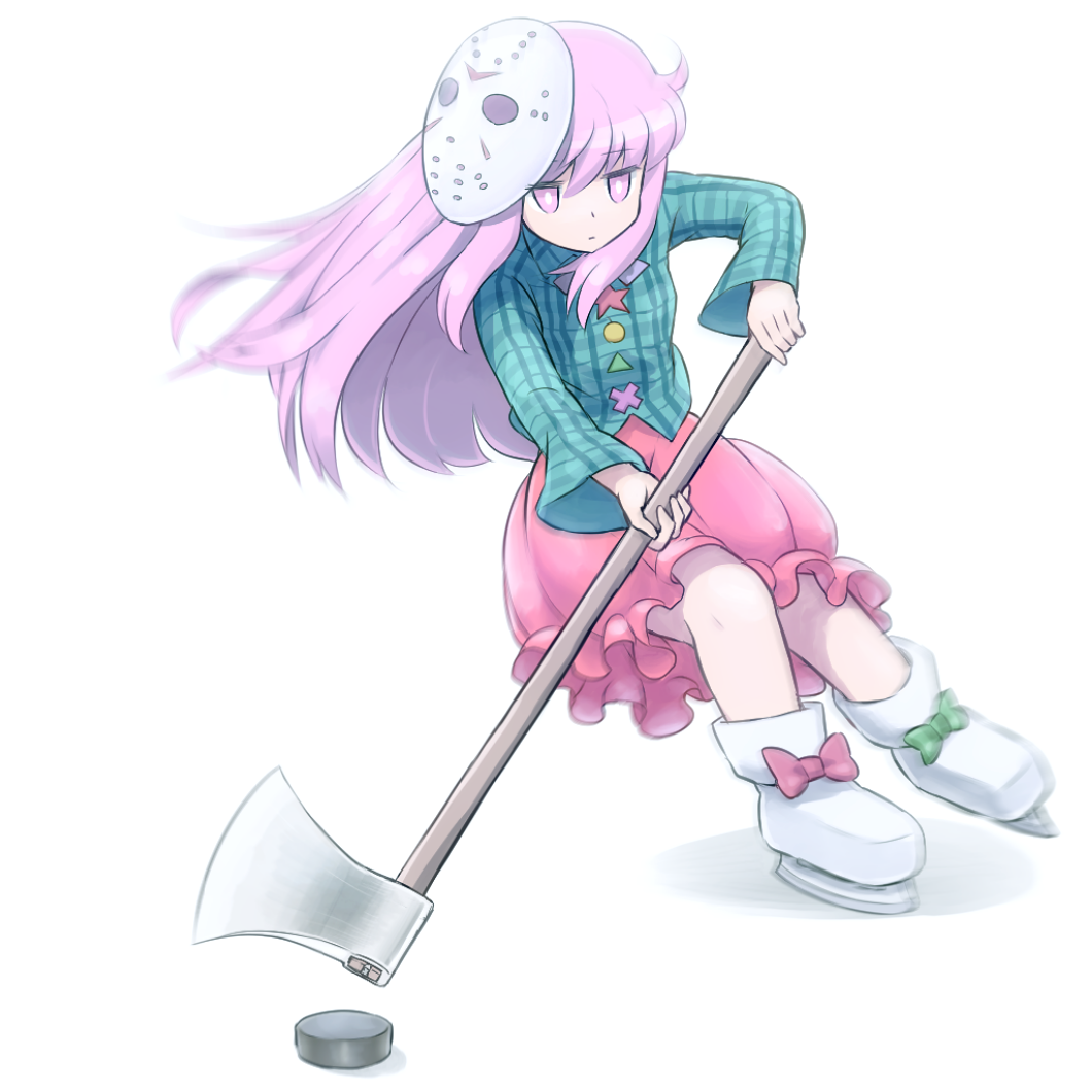 1girl, axe, bow_footwear, buttons, commentary, expressionless, friday_the_13th, hata_no_kokoro