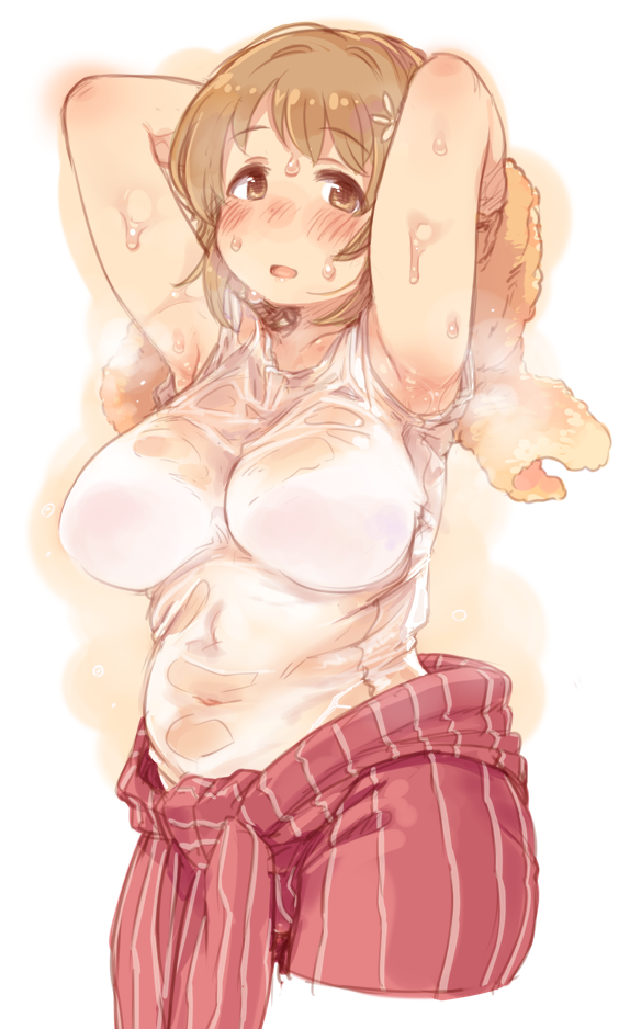 1girl, 7010, armpits, arms_up, bangs, blush, bra, breasts