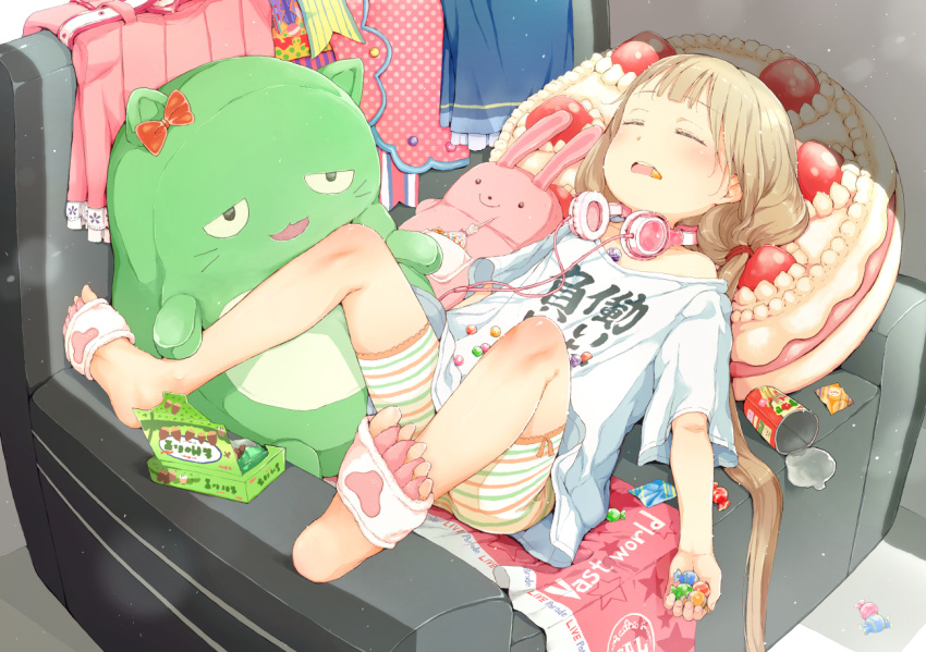 1girl, armchair, bangs, bare_shoulders, candy, candy_wrapper, chair, closed_eyes