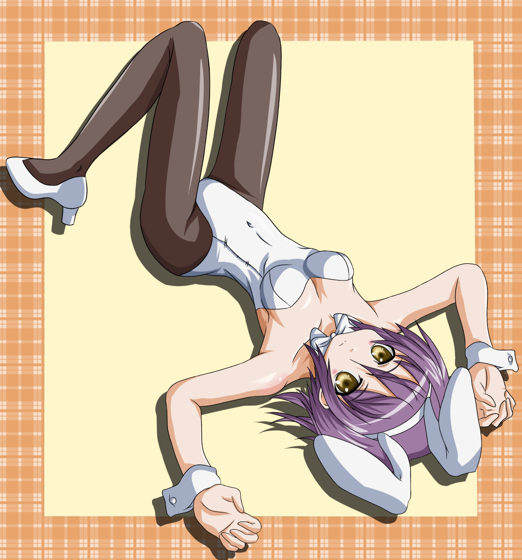 brown_eyes, bunny_ears, bunnysuit, high_heels, lying, nagato_yuki, pantyhose, rabbit_ears, shoes, short_hair, silver_hair, suzumiya_haruhi_no_yuuutsu, takumi_(pixiv_41899), takumi_(rozen_garten)