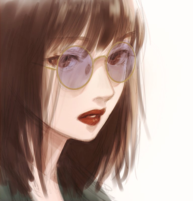 1girl, brown_eyes, brown_hair, commentary_request, eyebrows_visible_through_hair, glasses, lipstick, looking_at_viewer, makeup, original, parted_lips, portrait, purple_glasses, red_lipstick, romiy, sketch, solo