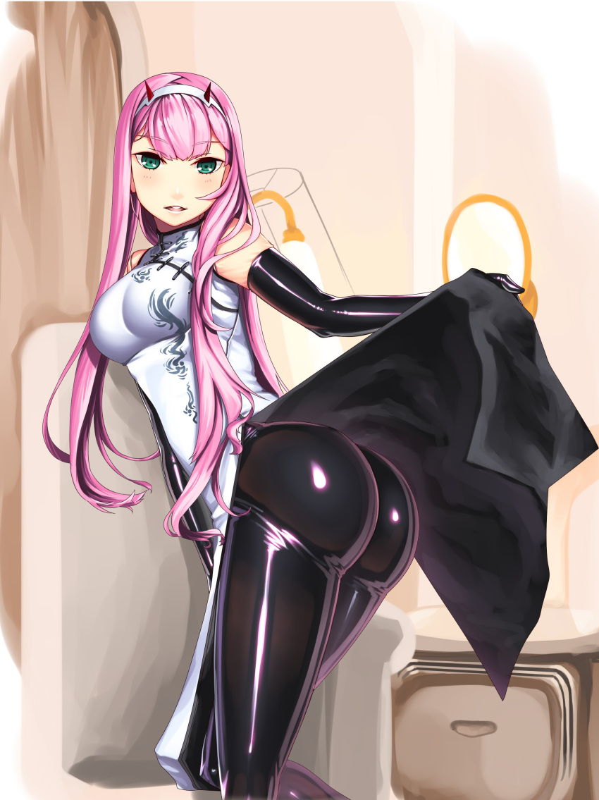 1girl, absurdres, chair, china_dress, chinese_clothes, darling_in_the_franxx, drawer, dress