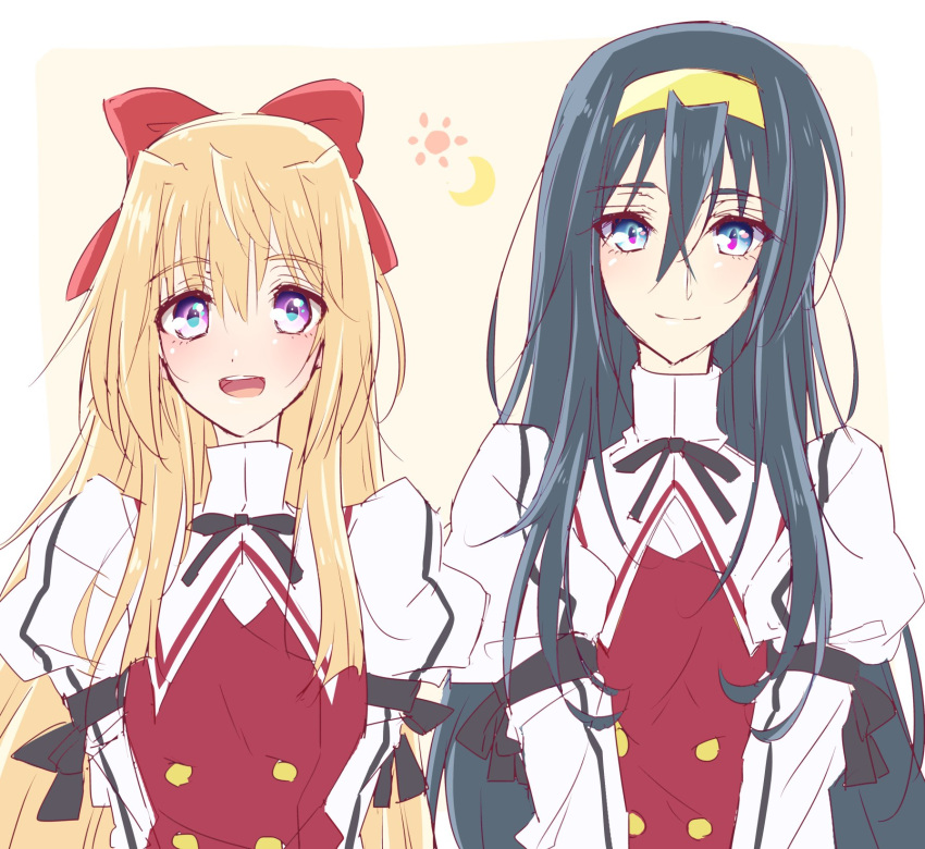 2girls, :d, bangs, blonde_hair, blue_eyes, blue_hair, bow, closed_mouth, crescent_moon, eteraito, hair_between_eyes, hairband, half_updo, highres, himemiya_chikane, kannazuki_no_miko, kurusugawa_himeko, long_hair, long_sleeves, looking_at_viewer, moon, multiple_girls, open_mouth, ototachibana_academy_uniform, puffy_long_sleeves, puffy_sleeves, red_bow, school_uniform, simple_background, smile, sun, upper_body, very_long_hair, violet_eyes, yellow_hairband