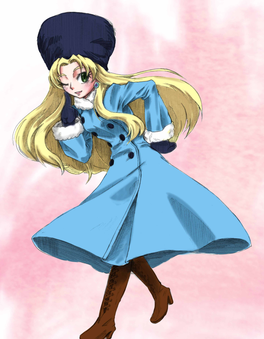 1girl, absurdres, black_gloves, blonde_hair, blue_coat, blush, boots, breasts