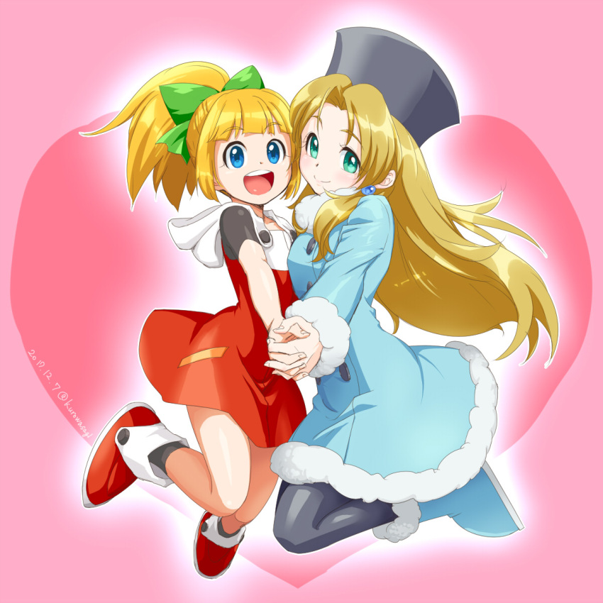 2girls, bangs, bare_legs, black_legwear, blonde_hair, blue_coat, blue_earrings, blue_eyes