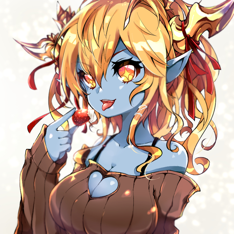 +_+, 1girl, :d, bangs, bare_shoulders, blonde_hair, blue_skirt, breasts