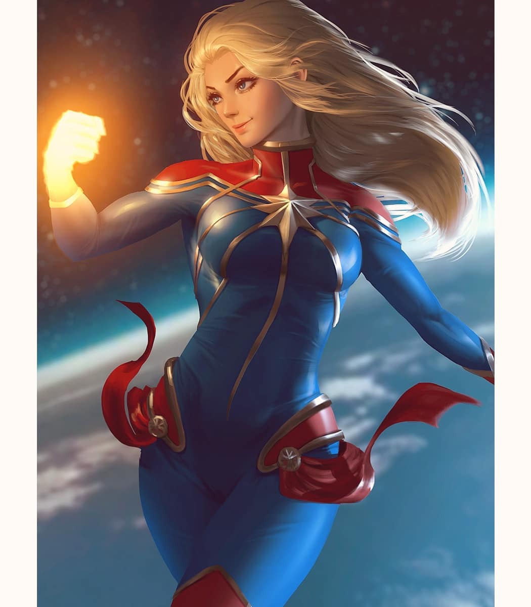 1girl, blonde_hair, blue_eyes, blurry, bodysuit, captain_marvel, carol_danvers, depth_of_field