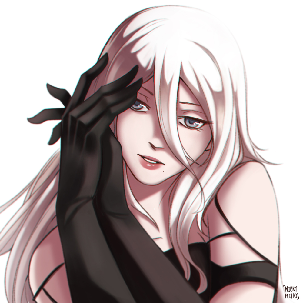 1girl, artist_name, bare_shoulders, black_gloves, black_tank_top, blue_eyes, elbow_gloves, gloves, hair_between_eyes, long_hair, looking_at_viewer, mole, mole_under_mouth, nickymilky, nier_(series), nier_automata, own_hands_together, silver_hair, simple_background, solo, torn_tank_top, upper_body, white_background, yorha_type_a_no._2