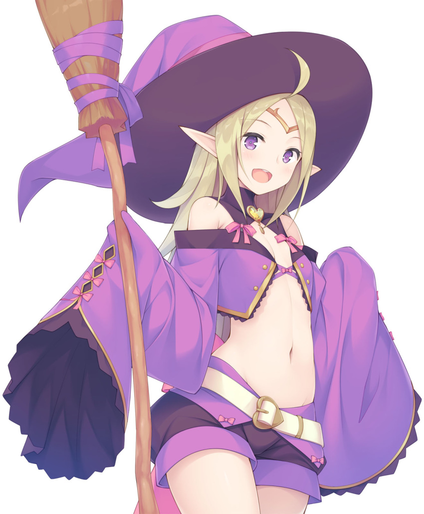 1girl, :d, ahoge, bangs, bare_shoulders, belt, belt_buckle, blonde_hair