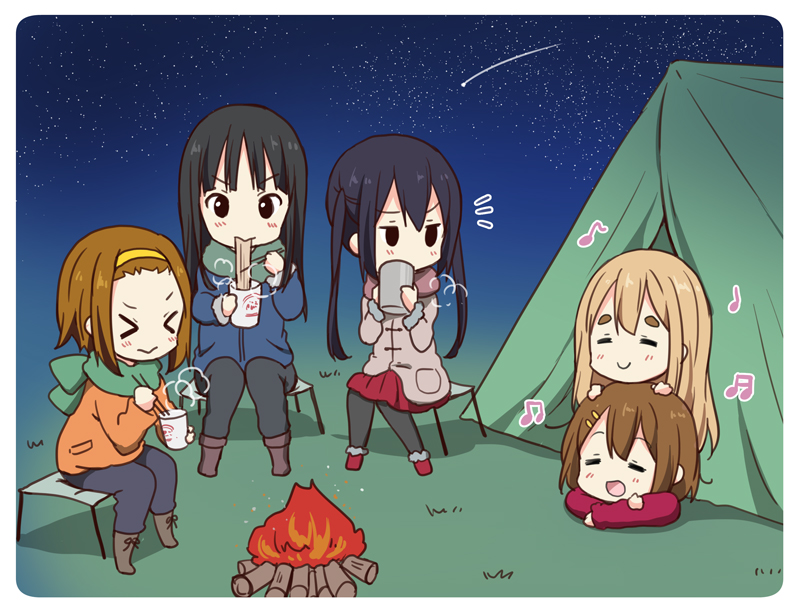 5girls, akiyama_mio, beamed_eighth_notes, beamed_sixteenth_notes, black_hair, black_legwear, brown_hair, campfire