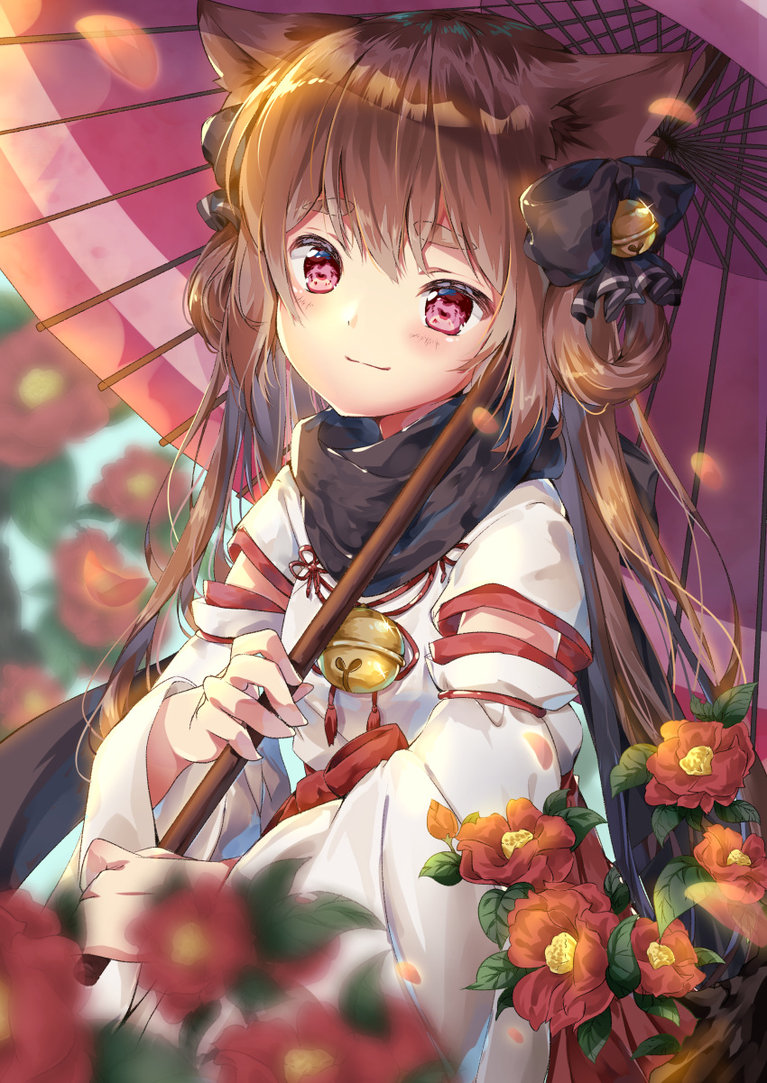 1girl, absurdres, amane_tari, animal_ears, bangs, bell, black_bow, black_scarf