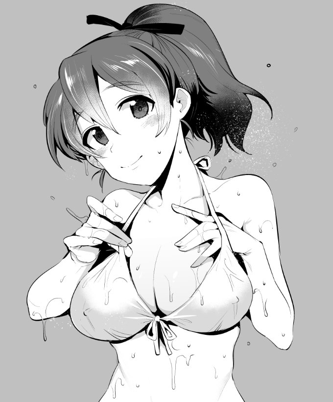 1girl, adjusting_clothes, adjusting_swimsuit, bangs, bikini, breasts, cleavage, closed_mouth, commentary_request, eyebrows_visible_through_hair, front-tie_bikini, front-tie_top, girls_und_panzer, greyscale, hair_ribbon, hand_in_swimsuit, head_tilt, koyama_yuzu, large_breasts, looking_at_viewer, monochrome, nakasone_haiji, ribbon, short_hair, short_ponytail, smile, solo, swimsuit, upper_body, wet, wet_clothes, wet_hair, wet_swimsuit