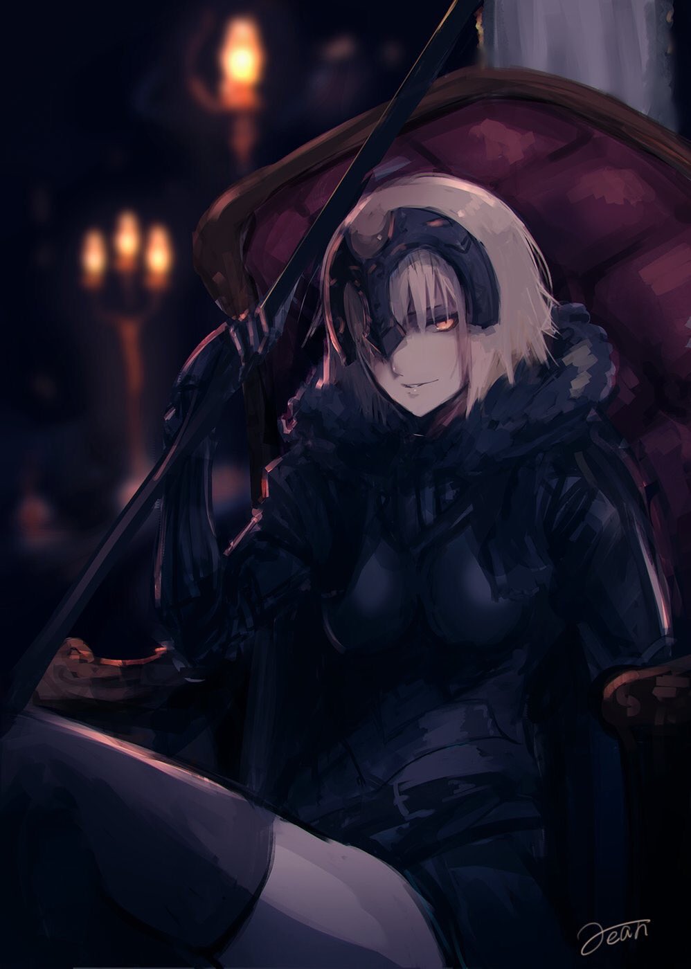 1girl, armchair, banner, blonde_hair, blurry, blurry_background, breasts, candle