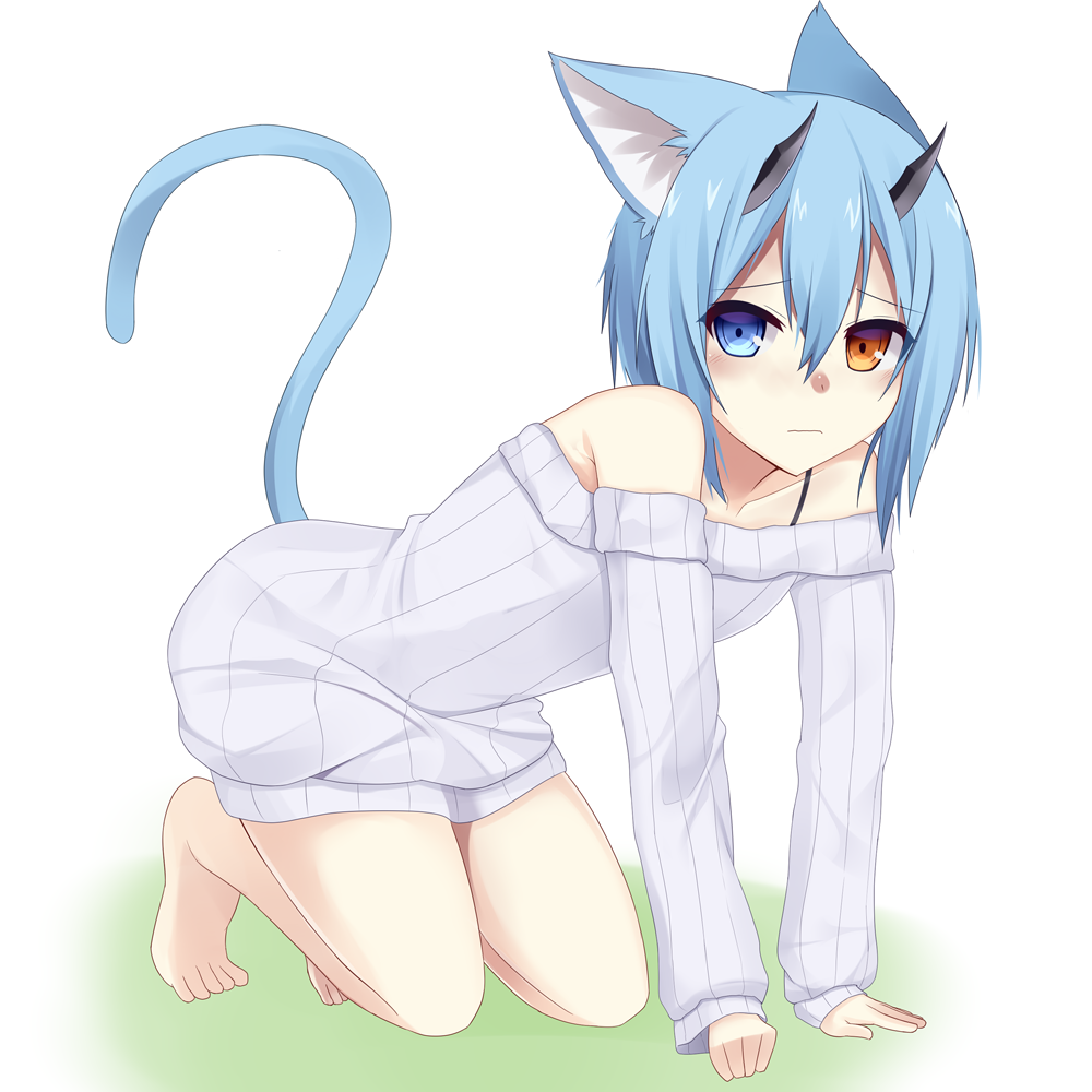 1girl, animal_ears, blue_hair, bottomless, cat_ears, cat_tail, heterochromia, horns
