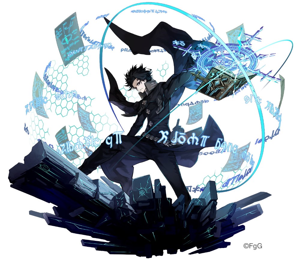 1boy, belt_pouch, black_cloak, black_clothes, black_eyes, black_hair, book, cape, collared_shirt, company_name, dare_ga_tame_no_alchemist, facial_mark, floating, floating_object, forehead, forehead_mark, honeycomb_(pattern), magic, magic_circle, official_art, pages, pale_skin, rock, runes, shirt, short_hair, sol_(dare_ga_tame_no_alchemist), stone, white_background