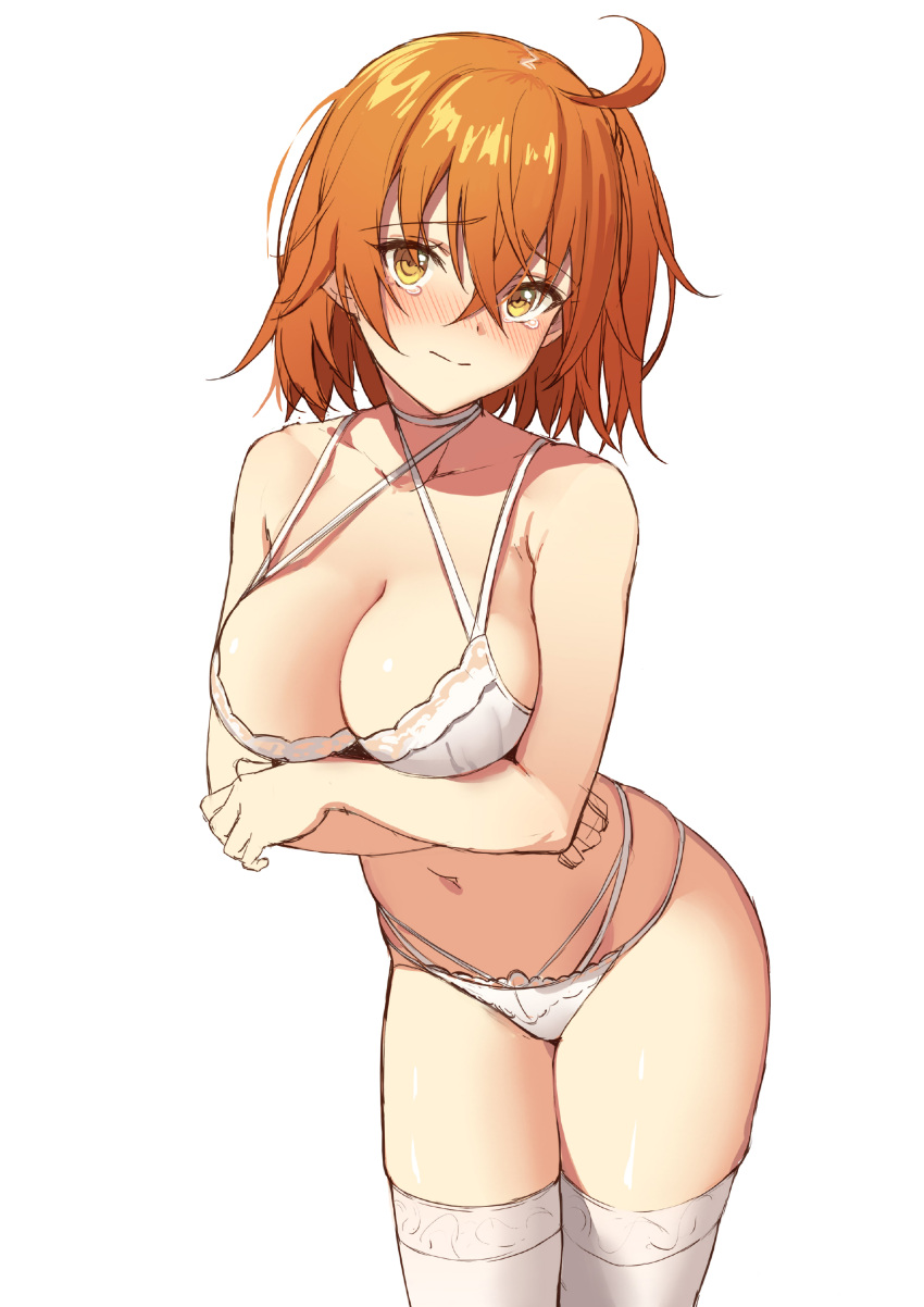 1girl, 3:, absurdres, ahoge, blush, bra, breast_hold, breasts