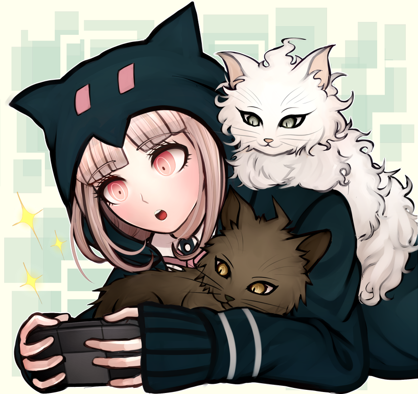 1girl, blush, cat, dangan_ronpa, grey_eyes, handheld_game_console, hood, hood_up, hooded_jacket, jacket, komatsuzaki_rui_(style), kurokku-tokei, nanami_chiaki, open_mouth, pink_eyes, pink_hair, short_hair, solo, super_dangan_ronpa_2, yellow_eyes