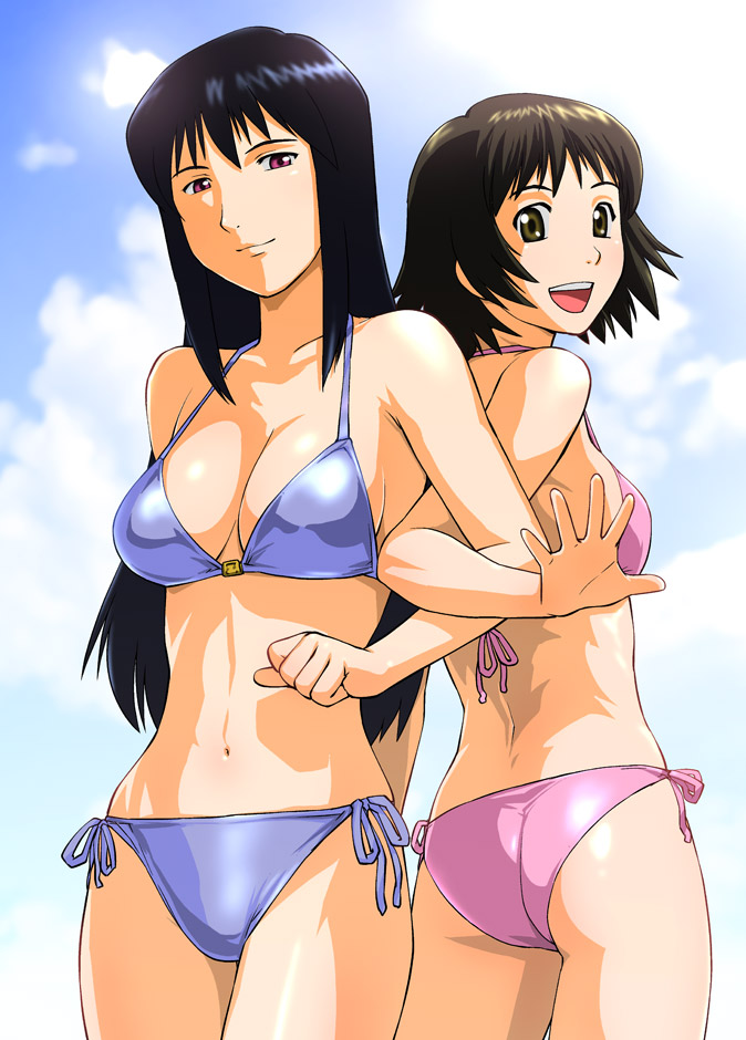 ass, back-to-back, back_to_back, bikini, black_hair, breasts, brown_eyes, brown_hair