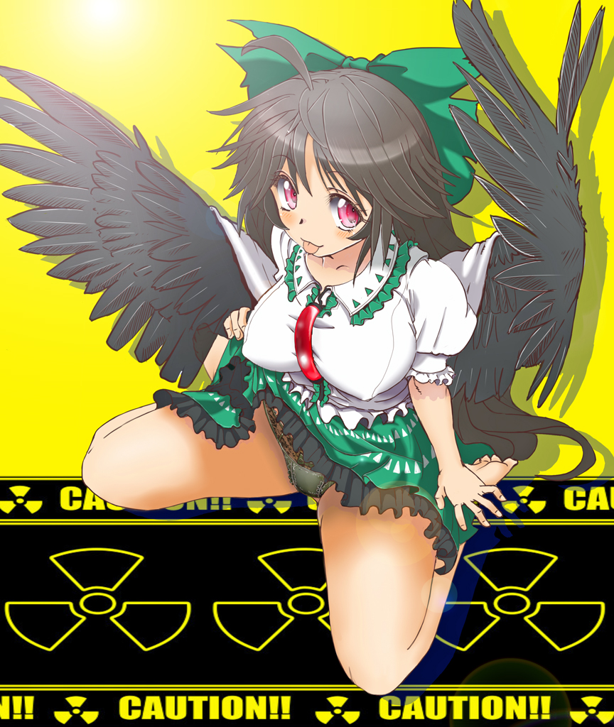 1girl, :3, :p, ahoge, bare_legs, barefoot, between_breasts, bird_wings