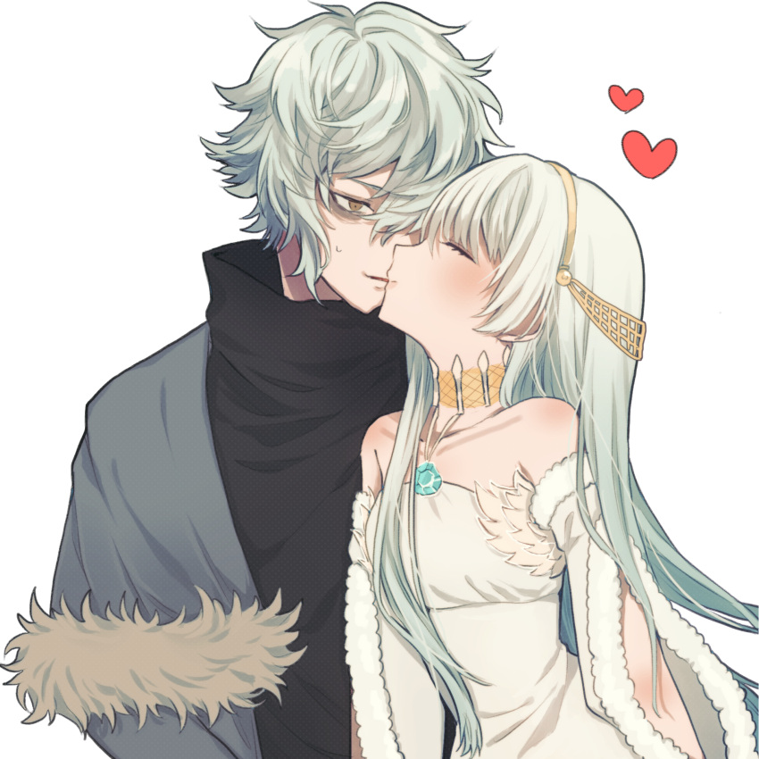 1boy, 1girl, anastasia_(fate/grand_order), bags_under_eyes, bangs, bare_shoulders, black_jacket, blush