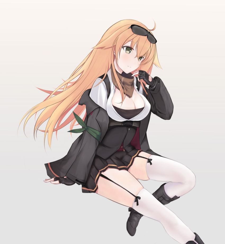 adjusting_scarf, ahoge, arm_support, armband, bangs, black_footwear, black_gloves, black_jacket