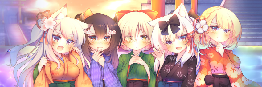 5girls, :d, alternate_costume, animal_ears, azur_lane, black_hair, blonde_hair, bow
