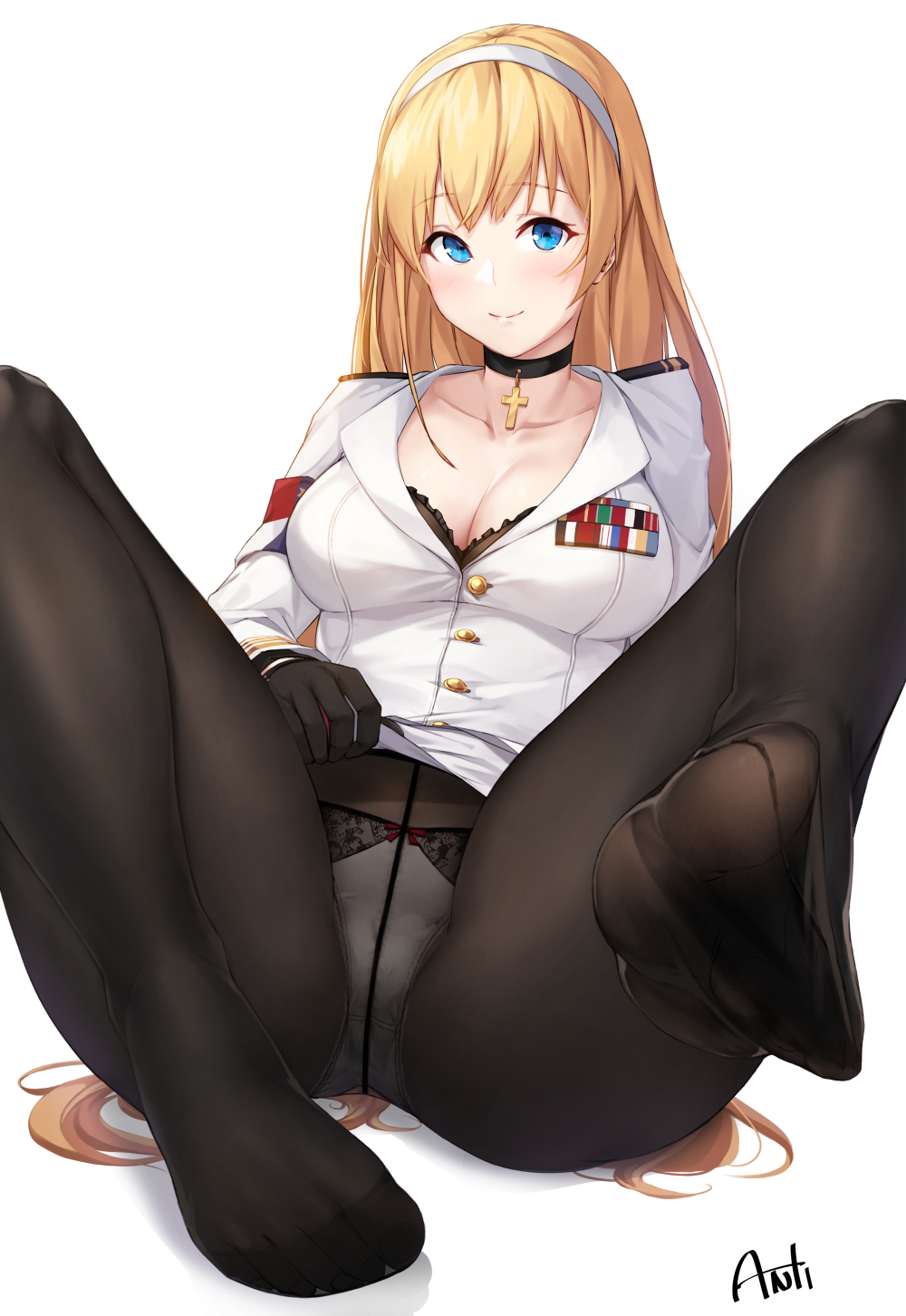 1girl, artist_name, azur_lane, bangs, black_gloves, black_legwear, blonde_hair, blue_eyes