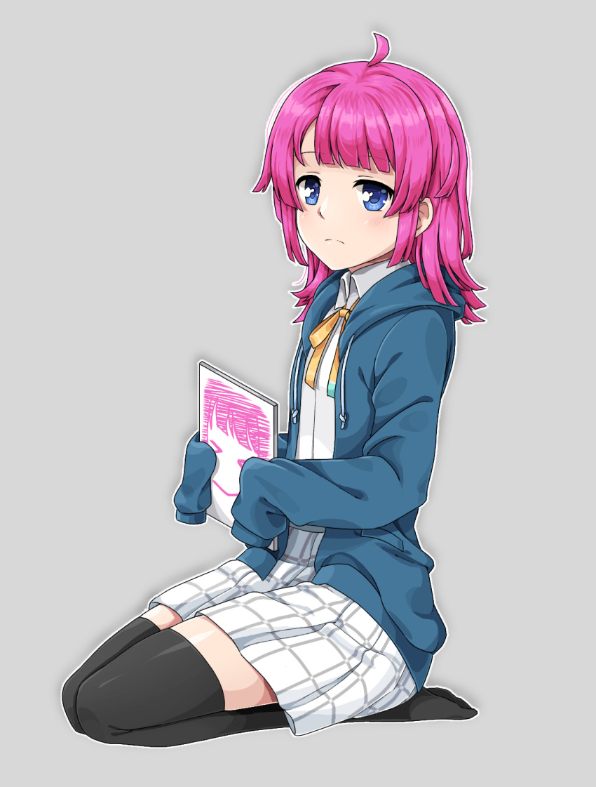 1girl, ahoge, bangs, black_legwear, blue_eyes, blue_jacket, chechnya-kruto, collared_shirt