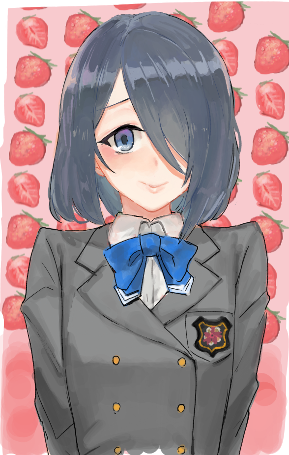 1girl, arms_behind_back, blue_eyes, blue_neckwear, bow, bowtie, breast_pocket, closed_mouth