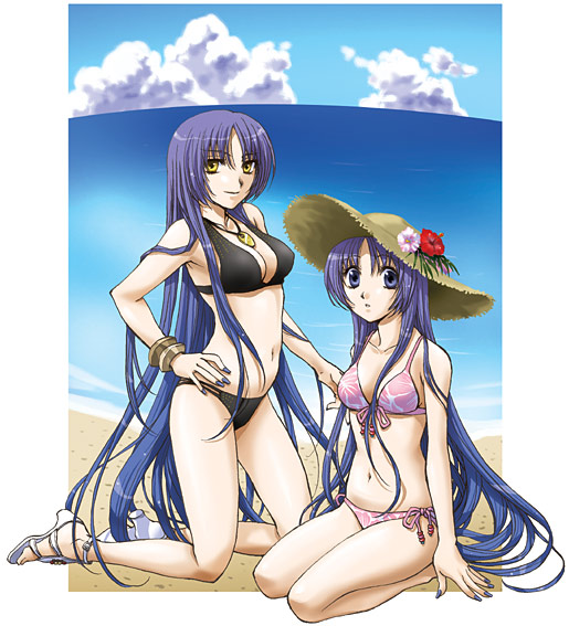 arieta_lyuis, beach, bikini, breasts, cleavage, gold_eyes, growlanser, growlanser_ii, hat, high_heels, long_hair, purple_eyes, purple_hair, sandals, shoes, side-tie_bikini, swimsuit, taka_masahiro, very_long_hair, violet_eyes, yellow_eyes