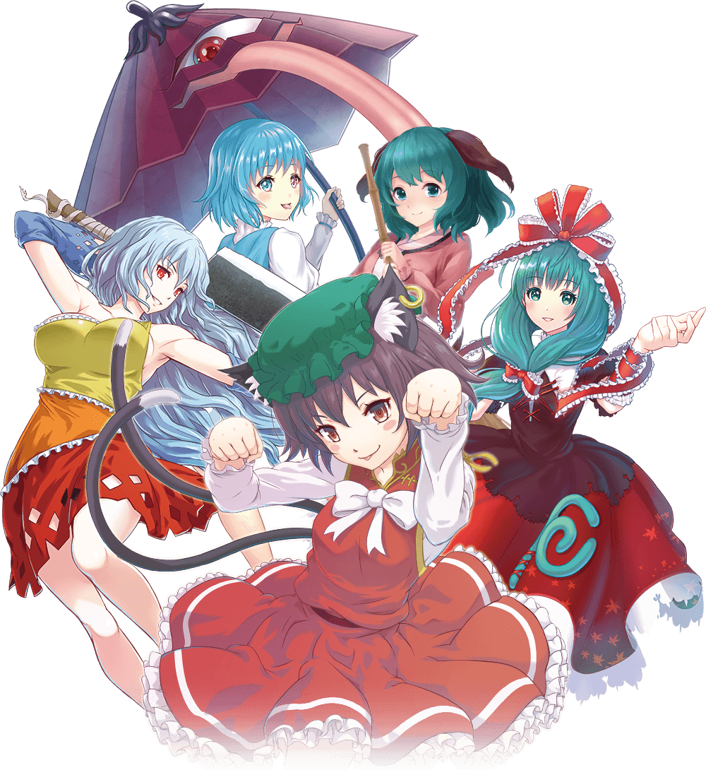 5girls, animal_ears, aqua_eyes, aqua_hair, arm_ribbon, bamboo_broom, bare_shoulders, blue_eyes, bow, bowtie, breasts, broom, brown_hair, cat_ears, cat_tail, chen, detached_sleeves, dog_ears, dress, frills, front_ponytail, green_eyes, green_hair, hair_bow, hair_ribbon, hat, hatchet, heterochromia, holding, holding_broom, holding_hatchet, holding_umbrella, jewelry, kagiyama_hina, karakasa_obake, kasodani_kyouko, kenichiro_furuya, long_hair, long_sleeves, looking_at_viewer, mob_cap, multiple_girls, multiple_tails, nanoha_hata, paw_pose, pink_dress, red_dress, red_eyes, ribbon, sakata_nemuno, short_hair, silver_hair, single_earring, tail, tatara_kogasa, tongue, tongue_out, touhou, transparent_background, two_tails, umbrella, vest, wavy_hair