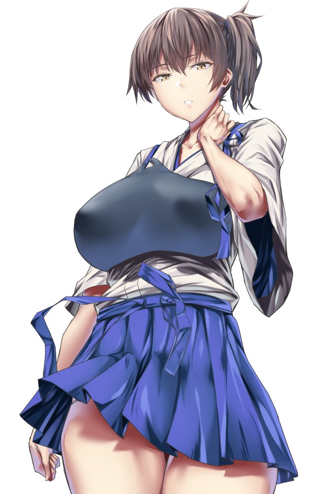1girl, blue_skirt, breasts, brown_eyes, brown_hair, cowboy_shot, hakama, hakama_skirt