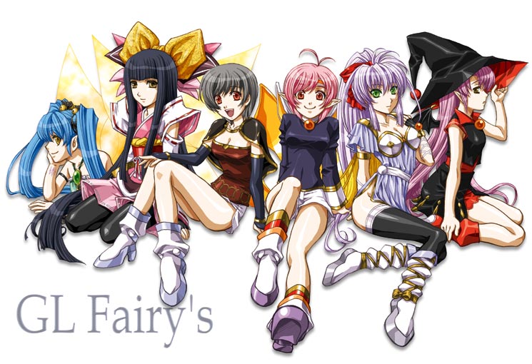 6+girls, antenna_hair, armband, black_hair, black_legwear, blue_hair, boots, bow