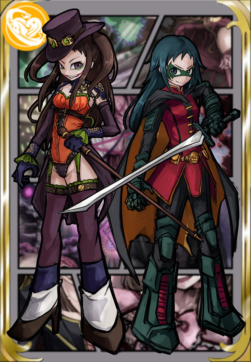 2girls, belt, black_hair, boots, brown_hair, cane, cape, commentary_request