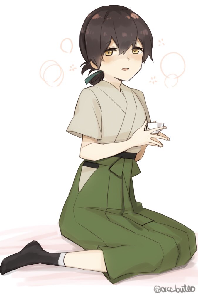 1girl, bangs, beige_kimono, black_hair, blue_ribbon, brown_eyes, choko_(cup), cup